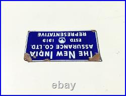 1919 Vintage The New India Assurance Co. Advertising Enamel Sign Board Old EB335