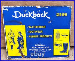1940 Vintage Enamel Sign Duckback Waterproof Rubber Products Work Sold Here EB92