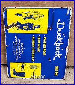 1940 Vintage Enamel Sign Duckback Waterproof Rubber Products Work Sold Here EB92
