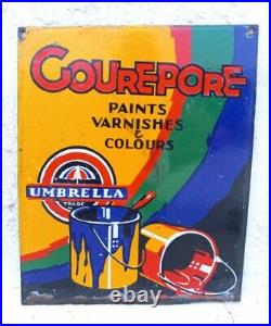 1940's Vintage Old Umbrella Mark Gourepore Paints Ad Porcelain Enamel Sign Board
