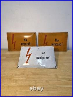 1960s/70s Original Vintage Polish Enamel Warning Signs x3 Industrial Porcelain