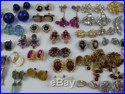 43 Pairs of Vintage Rhinestone Enamel Gold Plated Earrings Signed Haskell, Coro