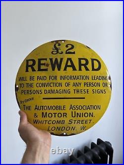 AA REWARD Advertising Sign YELLOW ENAMEL METAL Automobile 30cm Vintage London
