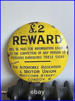 AA REWARD Advertising Sign YELLOW ENAMEL METAL Automobile 30cm Vintage London
