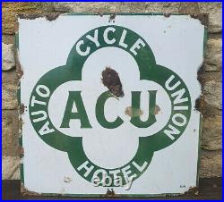 ACU Auto Cycle Union Hotel Vintage Original Enamel Sign