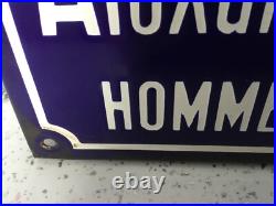 ANTIQUE VINTAGE FRENCH BLUE ENAMEL ROAD SIGN PLAQUE HOMME POLITIQUE 45cm L x 25H