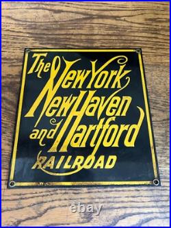 Ande Rooney Vintage Porcelain Enamel Metal Sign NEW YORK HAVEN HARTFORD RAILROAD
