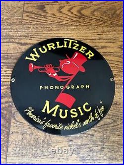 Ande Rooney Vintage Porcelain Enamel Metal Sign WURLITZER PHONOGRAPH MUSIC