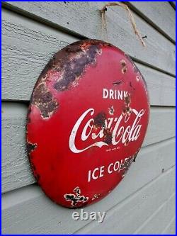 Antique Drink Coca Cola Metal Button Round Enamel Sign Vintage Retro Red Rust