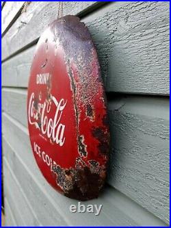 Antique Drink Coca Cola Metal Button Round Enamel Sign Vintage Retro Red Rust