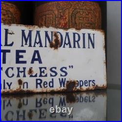 Antique Vintage 19th C Mandarin Tea Enamel Sign Advertising Tin Wood Figure Antique Vintage 19th C Mandarin Tea Enamel Sign Advertising Tin Wood Figure