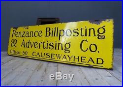 Antique Vintage Penzance Billposting Co Enamel Advertising Sign