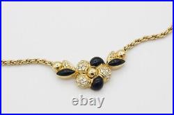 Christian Dior Vintage 1980s Black Enamel Flower Crystal Pendant Necklace, Gold