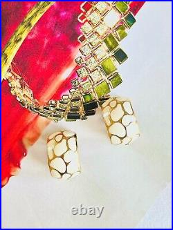 Christian Dior Vintage 1980s Large White Leopard Enamel Hoop Clip Earrings, Gold