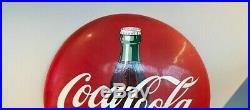 Coca Cola Sign Vintage Porcelain Bottle Button Enamel Large 36 advertising Rare