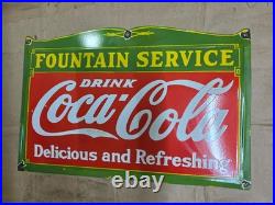 Coca-cola Fountain Service Porcelain Enamel Sign 27 X 17 Inches