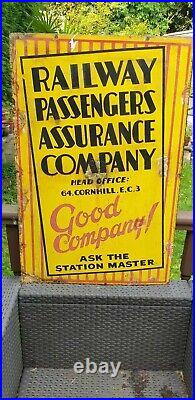 Early Vintage Enamel 1930 Railway Passengers Assurance Company Advertising Sign