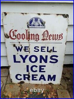 Early Vintage Lyons Cooling News Ice Cream Enamel Sign Advert