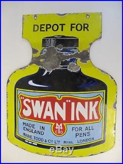 Enamel Advertising Sign Swan Ink Bottle Antique Vintage rare double sided