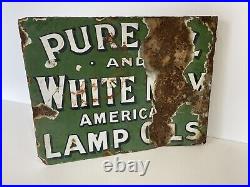 Enamel Sign Pure Oil White may American lamp Oils Vintage Sign 1910's RARE