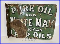 Enamel Sign Pure Oil White may American lamp Oils Vintage Sign 1910's RARE