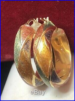 Estate Vintage 14k Gold Enamel Earrings Hoops Made In Italy Designer Signed B