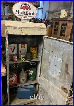 Fabulous Vintage Metal Mobiloil Oil Dispensing Cabinet With Enamel Signs