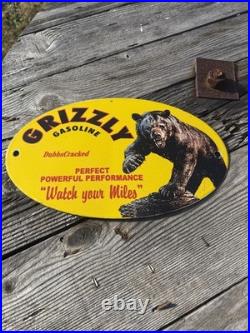 GRIZZLY GASOLINE USA Enamel Sign /Vintage Garage-Man Cave -American Classic car