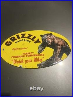 GRIZZLY GASOLINE USA Enamel Sign /Vintage Garage-Man Cave -American Classic car