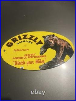 GRIZZLY GASOLINE USA Enamel Sign /Vintage Garage-Man Cave -American Classic car