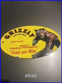 GRIZZLY GASOLINE USA Enamel Sign /Vintage Garage-Man Cave -American Classic car