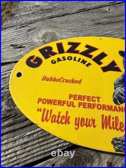 GRIZZLY GASOLINE USA Enamel Sign /Vintage Garage-Man Cave -American Classic car