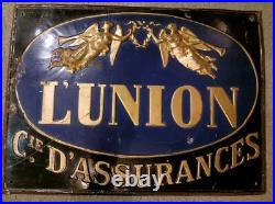 Genuine French Vintage Enamelled Tin Sign. L'Union D'Assurances. Lovely Patina