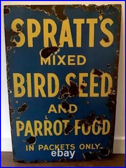 Genuine, Vintage Rare Spratt's Bird Seed & Parrot Food Enamel Advertising Sign