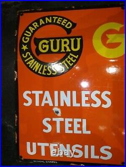 Guru Stainless Still Utensils 1960 Vintage Porcelain Enamel Sign Original Old #