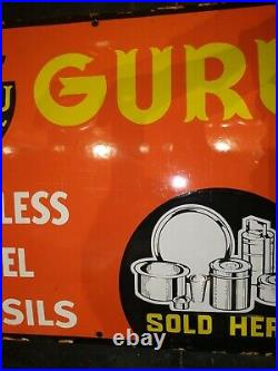 Guru Stainless Still Utensils 1960 Vintage Porcelain Enamel Sign Original Old #
