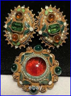 Hobe' Set Vintage Signed Gilt Austro Hungarian Jeweled Enamel Brooch Earrings M1