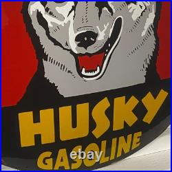 Husky Gasoline Enamel Sign Ø 50cm (19.7) Unique Vintage Gas Station Signage Husky Gasoline Enamel Sign Ø 50cm (19.7) Unique Vintage Gas Station Signage