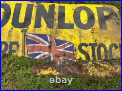 Large Original Dunlop Tyre Stock Enamel Advertising Sign Automobilia Vintage