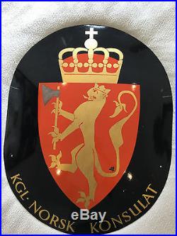 Large Vintage Enamel Escutcheon / Shield Consulate of Norway Cathrineholm