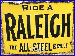 Large Vintage Original Yellow raleigh Bicycle enamel sign 4x3
