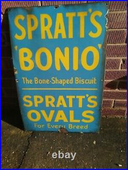 Large Vintage Spratts Bonio Tin Enamel Original Sign Blue/Yellow