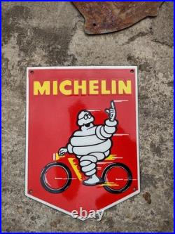 Michelin Man On A Bicycle Enamel Sign 12 X 9 Inch Vintage Metal Sign