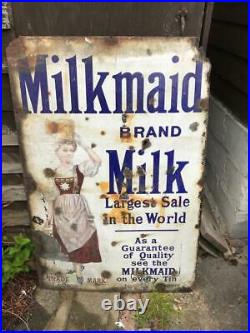 Milkmaid Milk Vintage Old Enamel Shop Advertising Sign 32 x 48