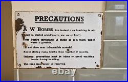 Nice Vintage 1940s WW2 AW Bombs Precautions Enamel Sign