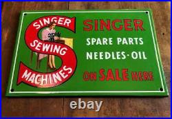 ORIGINAL VINTAGE SINGER SEWING MACHINES ENAMEL SIGN NEW OLD STOCK MINT 1950s