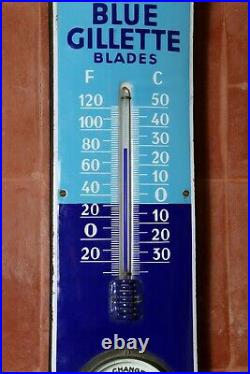 Old Blue Gillette Thermometer Barometer England Vintage Porcelain Enamel Sign