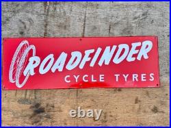 Old Vintage Antique Enamel Sign Bicycle Bike Shop Store Roadfinder Tyres Tires