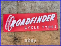 Old Vintage Antique Enamel Sign Bicycle Bike Shop Store Roadfinder Tyres Tires