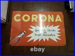 Old Vintage Antique Enamel Sign Shop Advert Corona Sparkling Drinks & Fruit Squa